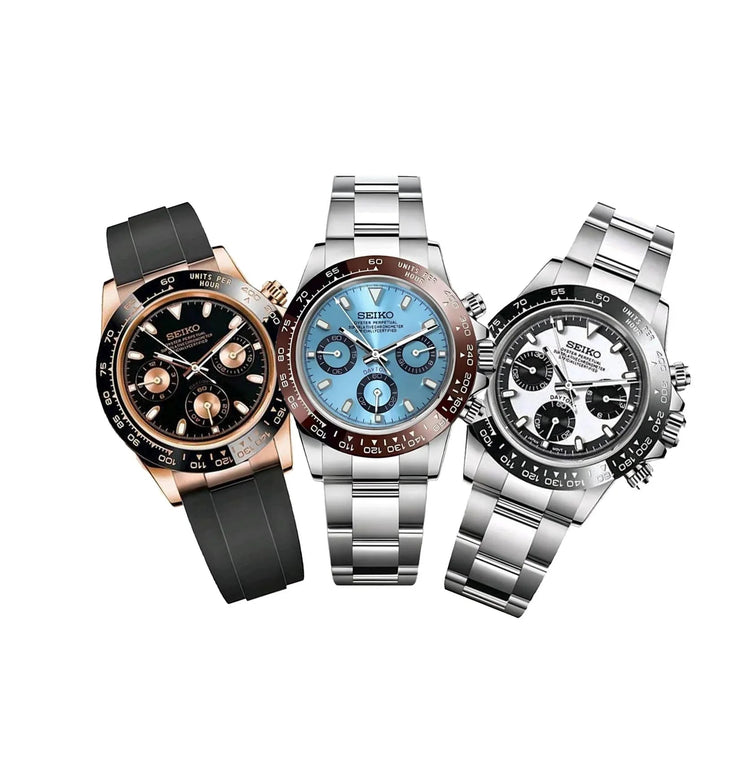 Seiko Mods Daytona Kollektion – Motorsport-inspirierte Seiko Uhren mit VK63 Chronographenwerk. Elegante und sportliche Designs mit Edelstahl- oder Kautschukarmband, inspiriert von der legendären Daytona.