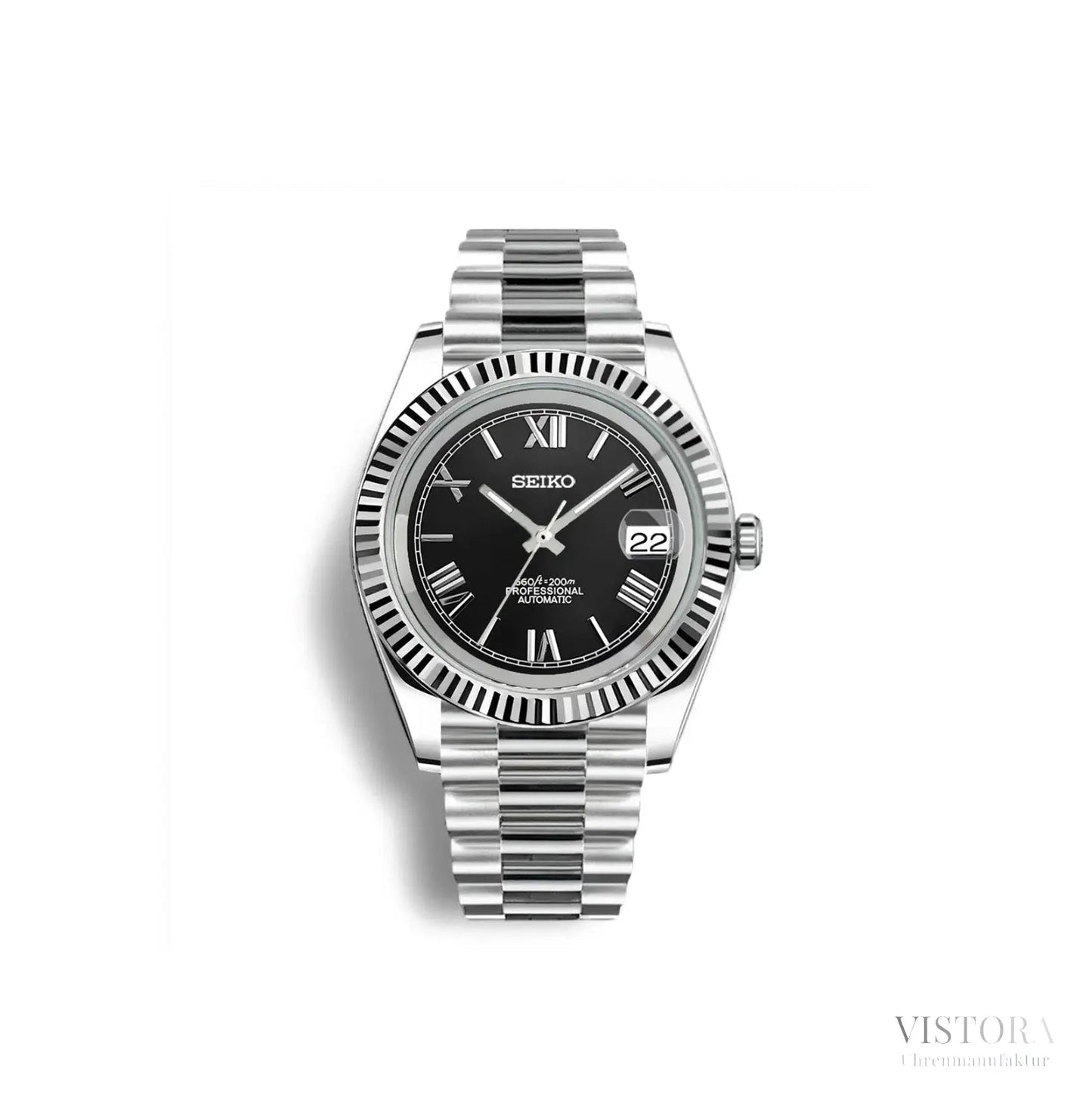Seiko Datejust Mod – luxuriöse Automatikuhr inspiriert von ikonischem Design. Hochwertige Seiko-Mods mit Edelstahlgehäuse, Saphirglas und zuverlässigem Automatikwerk. Perfekt für Uhrenliebhaber, die Eleganz und Präzision schätzen. Handgefertigte Seiko Mods mit individuellem Zifferblatt und Jubilee-Armband – exklusiv bei Vistora.