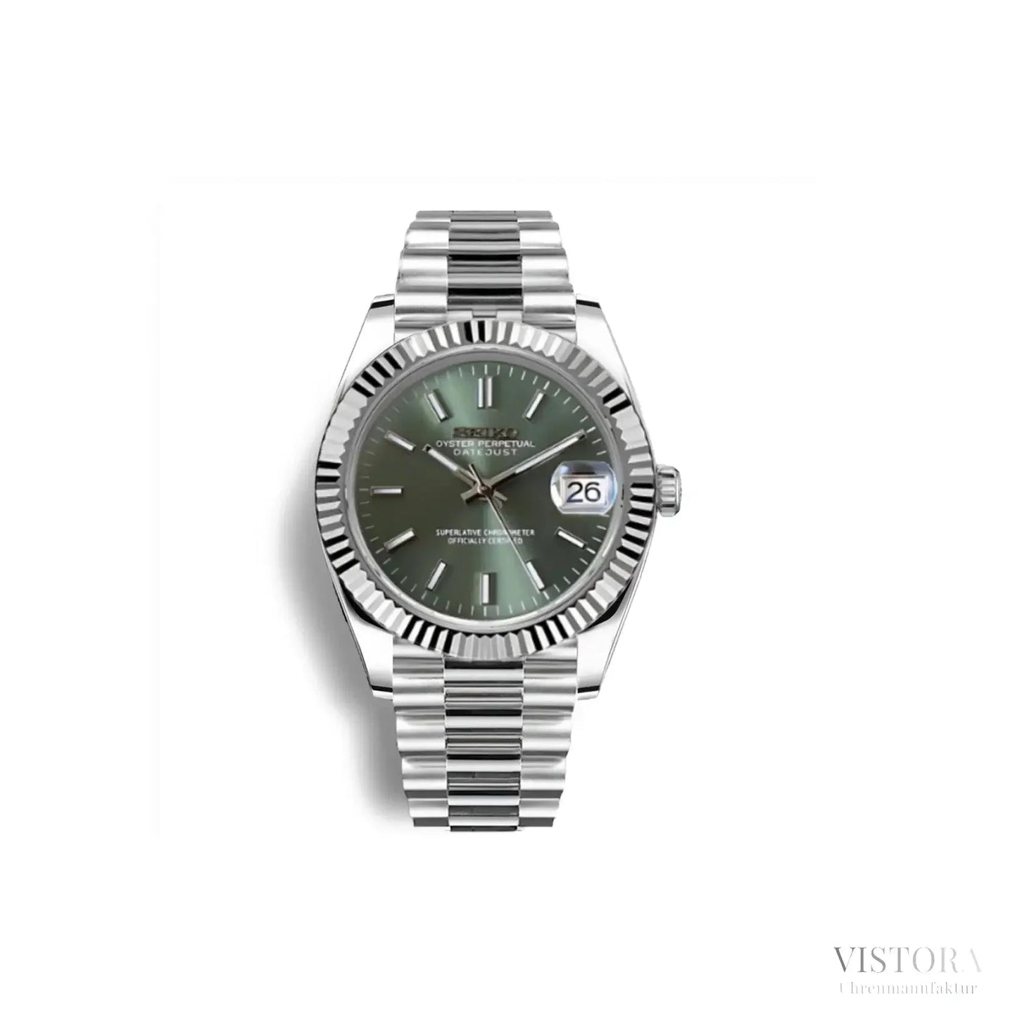 Seiko Datejust Mod – luxuriöse Automatikuhr inspiriert von ikonischem Design. Hochwertige Seiko-Mods mit Edelstahlgehäuse, Saphirglas und zuverlässigem Automatikwerk. Perfekt für Uhrenliebhaber, die Eleganz und Präzision schätzen. Handgefertigte Seiko Mods mit individuellem Zifferblatt und Jubilee-Armband – exklusiv bei Vistora.