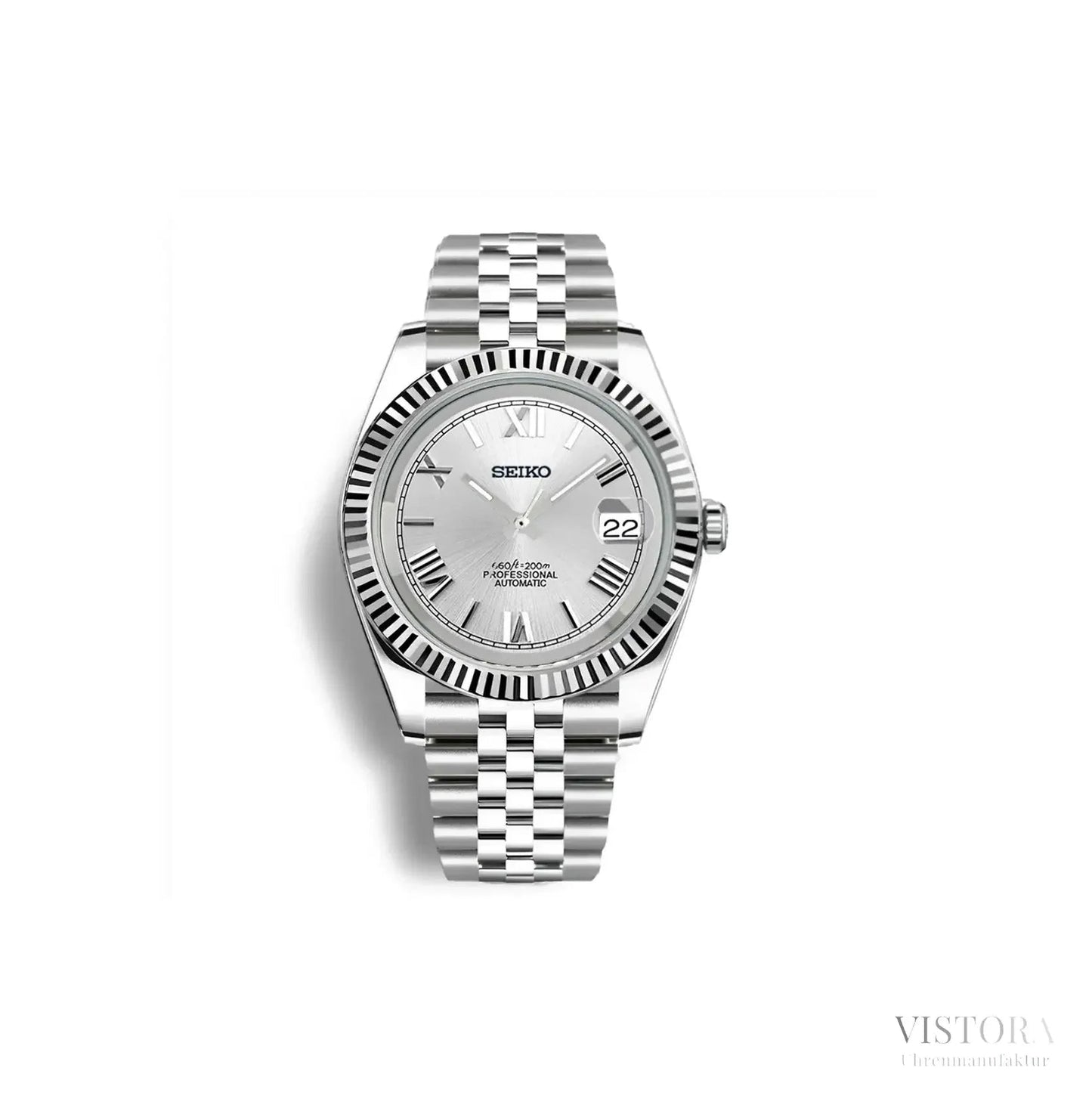 Seiko Mod Datejust mit silbernem Zifferblatt und Jubilé-Armband – hochwertige Hommage an klassische Luxusuhren. Exklusive Seiko-Mods mit Automatikwerk, individuell gefertigt mit Saphirglas und Edelstahl. Perfekte Alternative für Uhrenliebhaber, die Qualität und Stil suchen