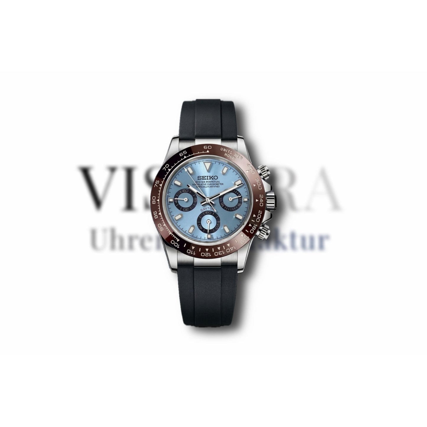 SeikoMod Daytona Eisblau 40mm mit Oysterflex-Armband, Frontalansicht