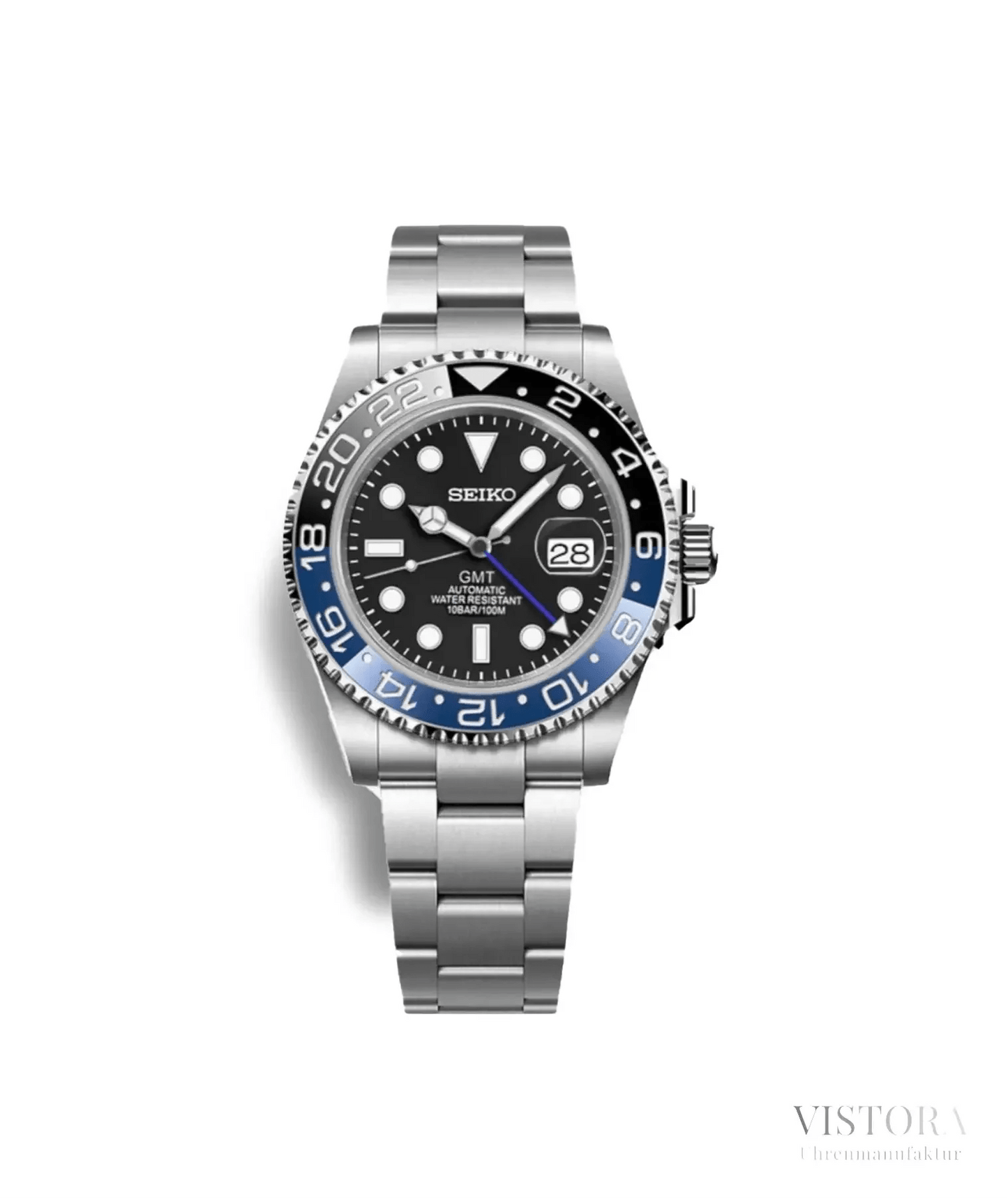 Seiko GMT Mod – luxuriöse Taucheruhr mit zweiter Zeitzone. Hochwertige Seiko-Modifikation mit robustem Edelstahlgehäuse, kratzfestem Saphirglas und präzisem Seiko NH34 Automatikwerk. Individuell angefertigte GMT-Uhren mit Keramiklünette, leuchtenden Indizes und erstklassiger Verarbeitung. Perfekt für Liebhaber exklusiver Seiko Mods und maßgefertigter Zeitmesser. Exklusiv bei Vistora erhältlich