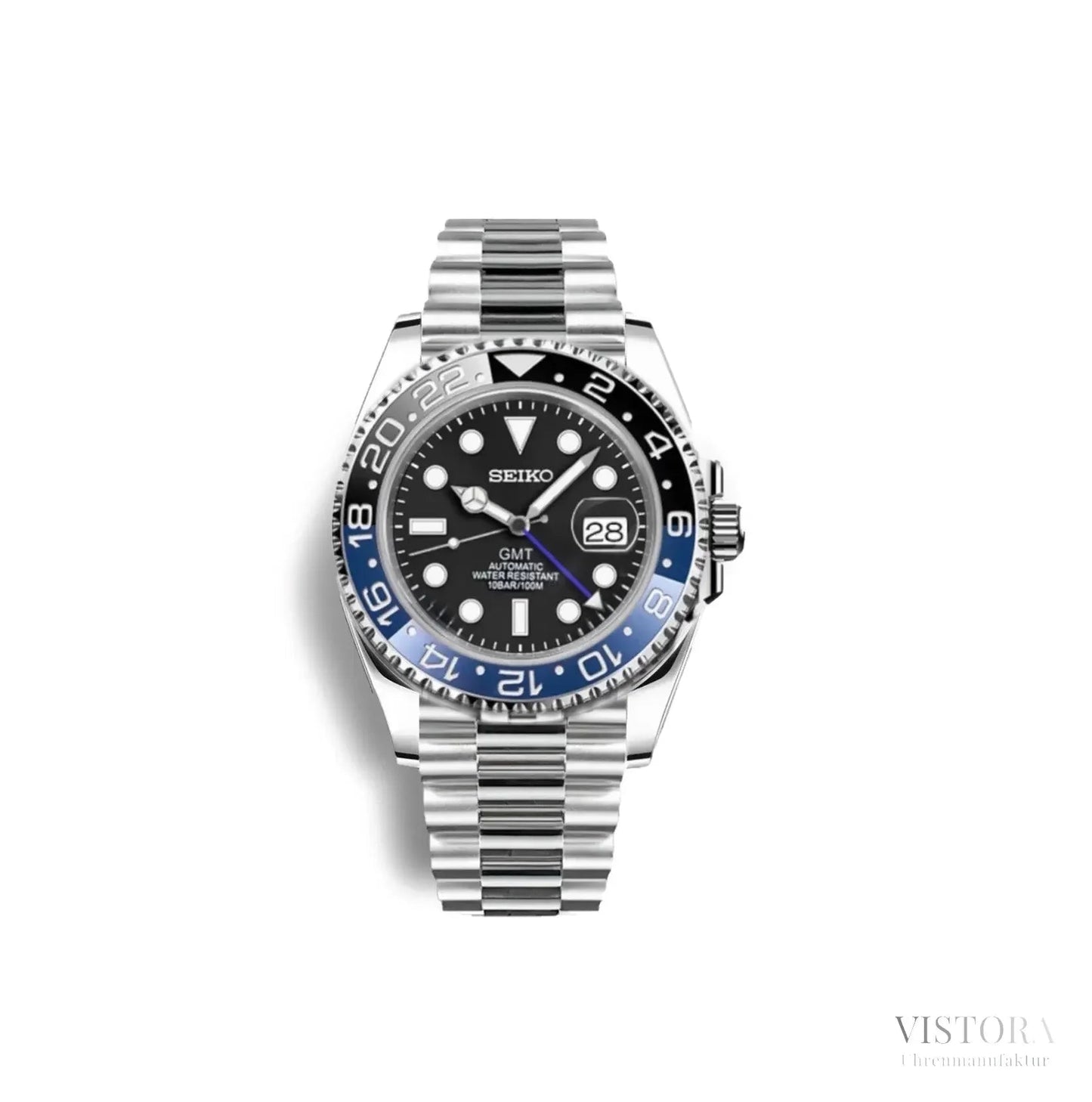 Seiko GMT Mod – luxuriöse Taucheruhr mit zweiter Zeitzone. Hochwertige Seiko-Modifikation mit robustem Edelstahlgehäuse, kratzfestem Saphirglas und präzisem Seiko NH34 Automatikwerk. Individuell angefertigte GMT-Uhren mit Keramiklünette, leuchtenden Indizes und erstklassiger Verarbeitung. Perfekt für Liebhaber exklusiver Seiko Mods und maßgefertigter Zeitmesser. Exklusiv bei Vistora erhältlich