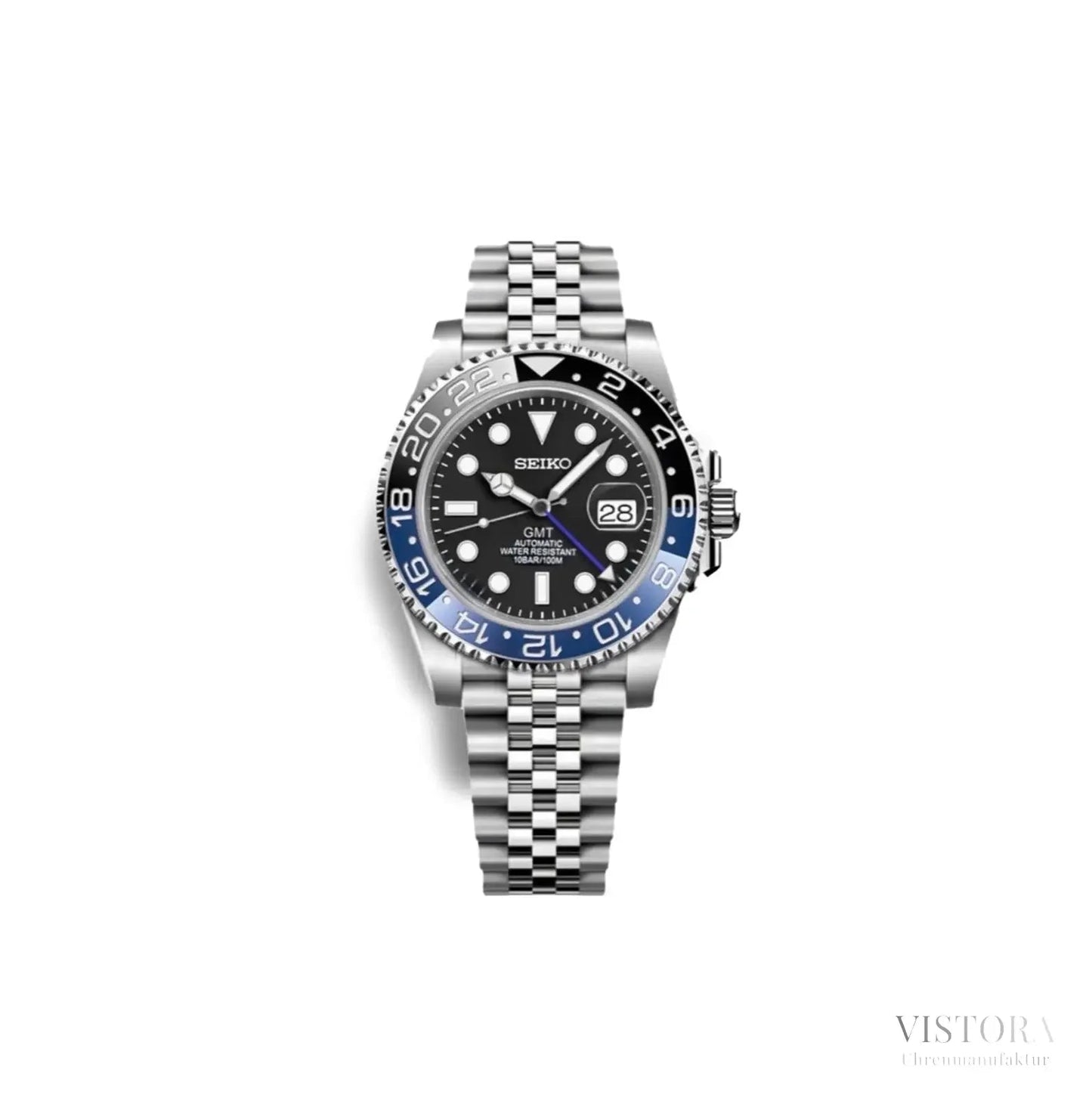 Seiko GMT Mod – luxuriöse Taucheruhr mit zweiter Zeitzone. Hochwertige Seiko-Modifikation mit robustem Edelstahlgehäuse, kratzfestem Saphirglas und präzisem Seiko NH34 Automatikwerk. Individuell angefertigte GMT-Uhren mit Keramiklünette, leuchtenden Indizes und erstklassiger Verarbeitung. Perfekt für Liebhaber exklusiver Seiko Mods und maßgefertigter Zeitmesser. Exklusiv bei Vistora erhältlich
