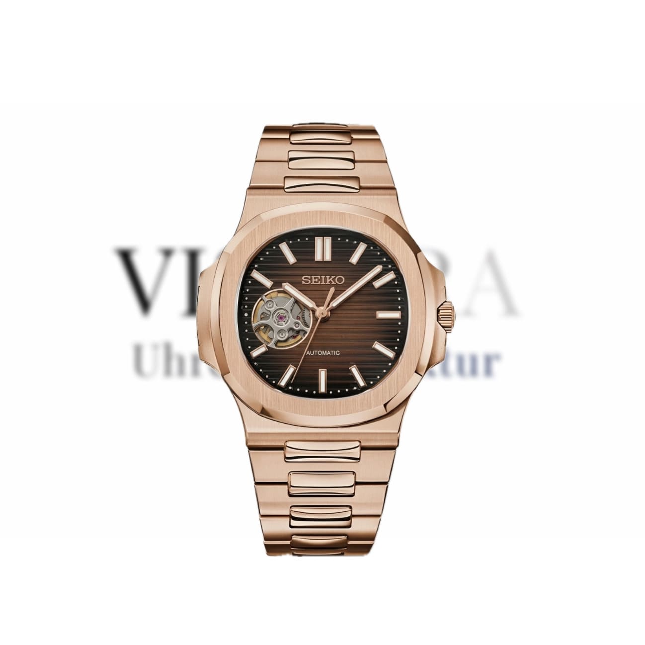 Minimalistische Produktaufnahme der SeikoMod Nautilus Rosé Gold mit braunem Zifferblatt, integriertem Armband und luxuriösem Design inspiriert von ikonischen Sportuhren.