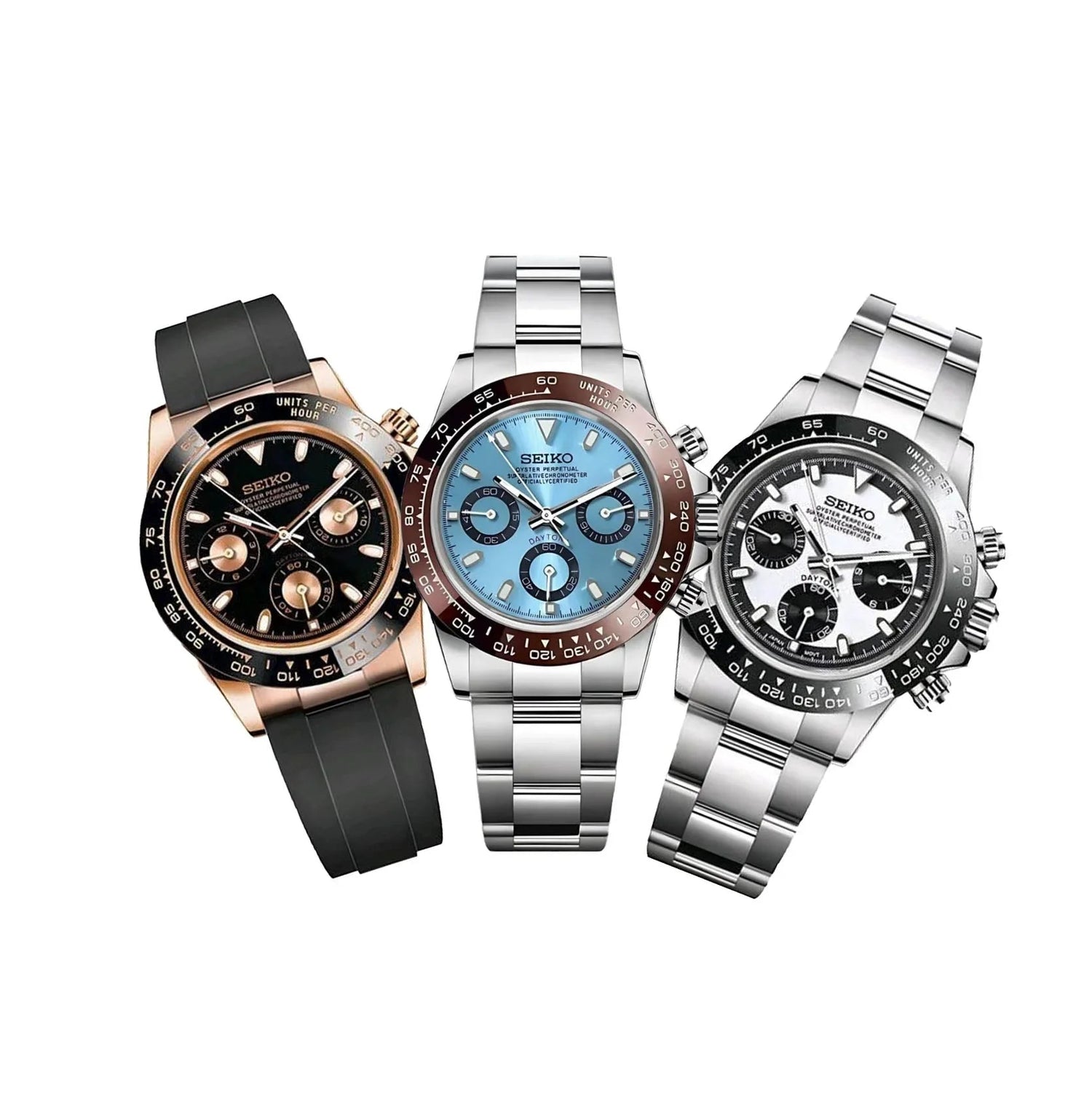 Seiko Mods Daytona Kollektion – Motorsport-inspirierte Seiko Uhren mit VK63 Chronographenwerk. Elegante und sportliche Designs mit Edelstahl- oder Kautschukarmband, inspiriert von der legendären Daytona.