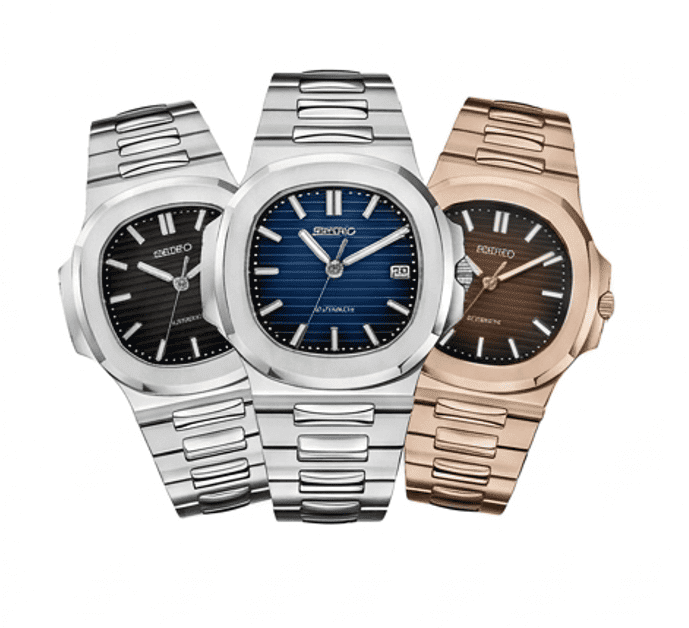 Elegante Vistora SeikoMod Nautilus Uhr in Roségold mit integriertem Armband und schwarzem Zifferblatt, hochwertig inszeniert als luxuriöses Kollektionsbanner mit minimalistischem Hintergrund