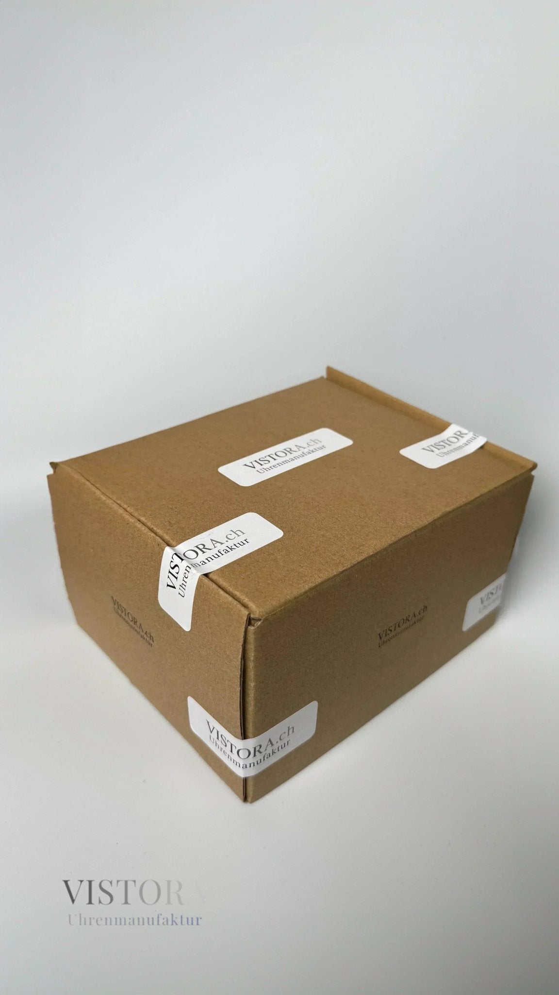 Brauner Versandkarton mit Vistora-Aufklebern vor weißem Hintergrund – sichere Verpackung für SeikoMod Uhr.