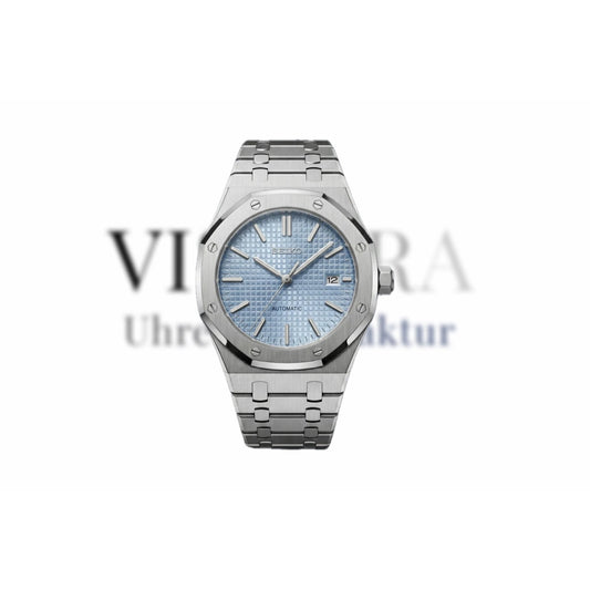 SeikoMod Royal Oak Skyblue 41mm mit hellblauem Zifferblatt, Edelstahlgehäuse, Frontalansicht