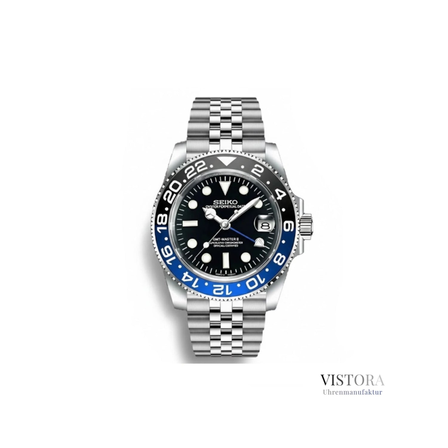 Frontansicht SeikoMod GMT „Batman“ von Vistora mit Jubilee-Armband – schwarze Lünette mit blauem GMT-Ring auf weißem Hintergrund