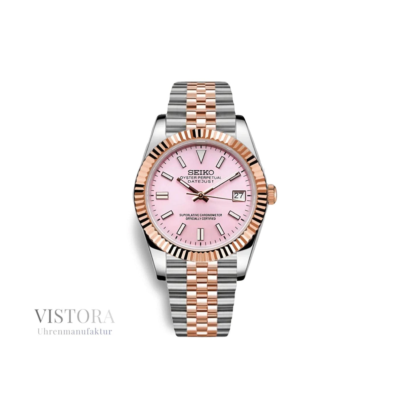 SeikoMod Datejust Damen – Pink und Roségold Frontalansicht