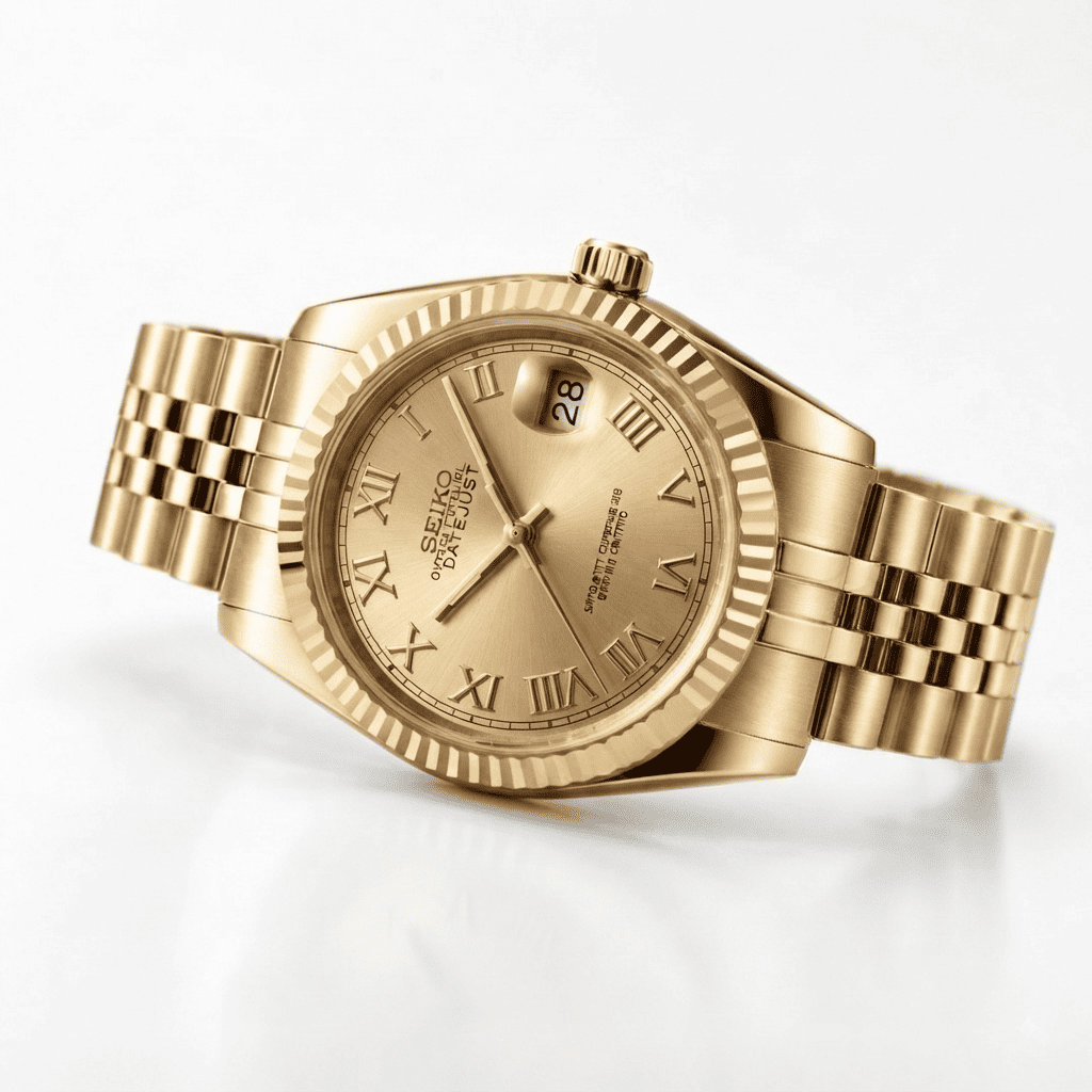 SeikoMod Datejust Gold im Dreiviertel-Winkel, Zifferblatt und Armband sichtbar