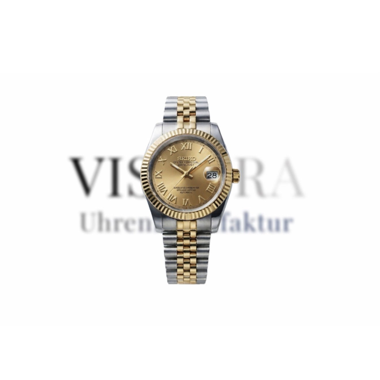 SeikoMod Datejust Gold mit Bicolor Gehäuse, römischen Indizes, Frontalansicht