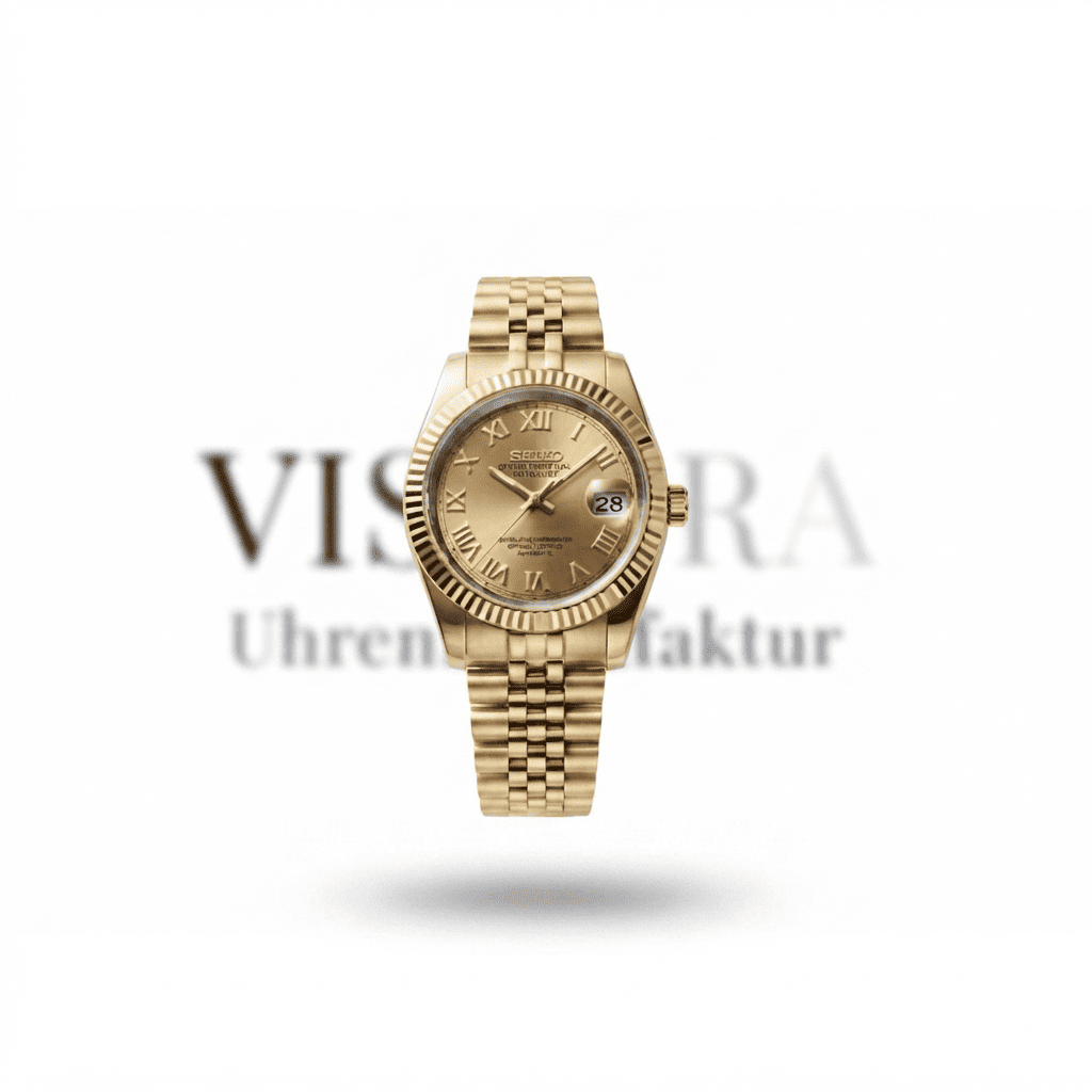 SeikoMod Datejust Gold mit goldfarbenem Gehäuse, römischen Indizes, Frontalansicht