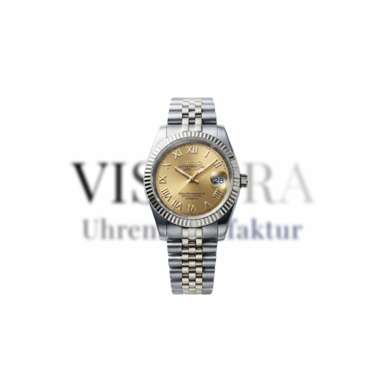SeikoMod Datejust Gold mit silbernem Edelstahlgehäuse, goldenem Zifferblatt, Frontalansicht
