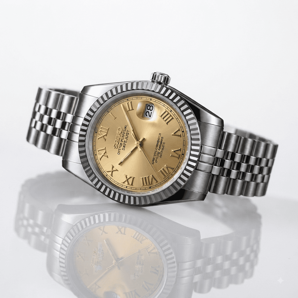 SeikoMod Datejust Gold mit silbernem Edelstahlgehäuse, goldenem Zifferblatt, Frontalansicht