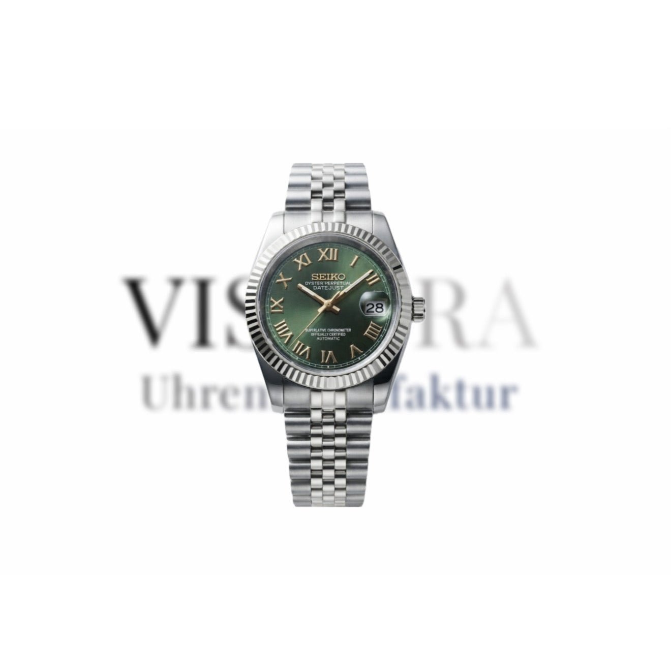 SeikoMod Datejust Olivgrün mit silbernem Edelstahlgehäuse, römischen Indizes, Frontalansicht