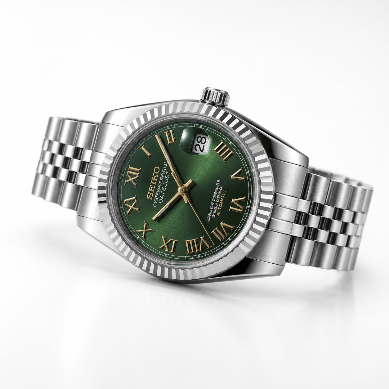 Seitliche Nahaufnahem der seikomod datejust olivgrün in bicolor mit silbernem gehäuse und römischen Indizes