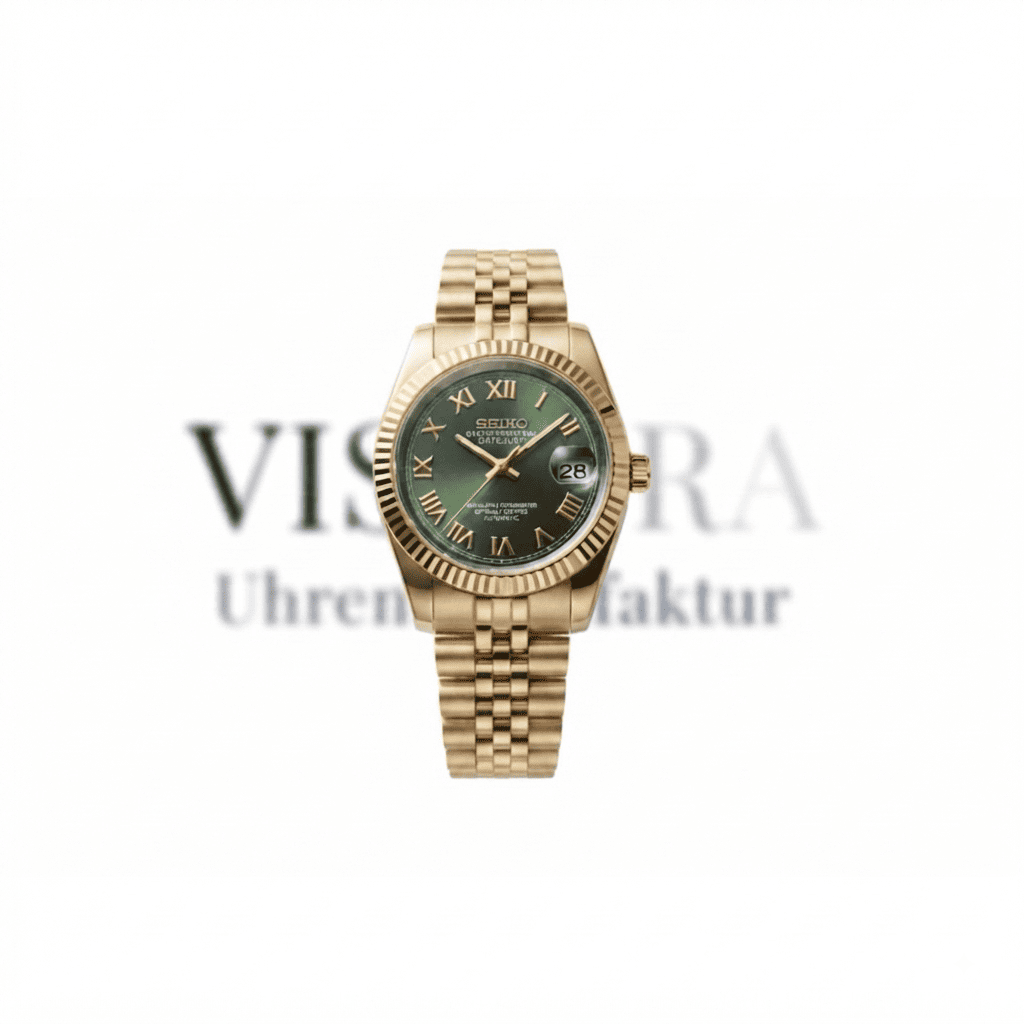 SeikoMod Datejust Olivgrün mit goldfarbenem Gehäuse, römischen Indizes, Frontalansicht