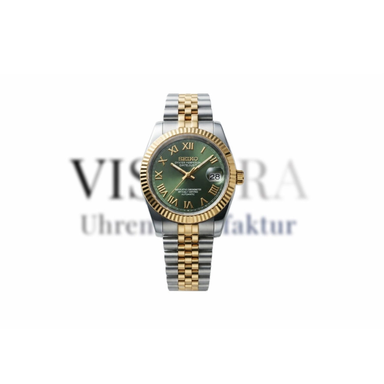 SeikoMod Datejust Olivgrün mit Bicolor Gehäuse, römischen Indizes, Frontalansicht
