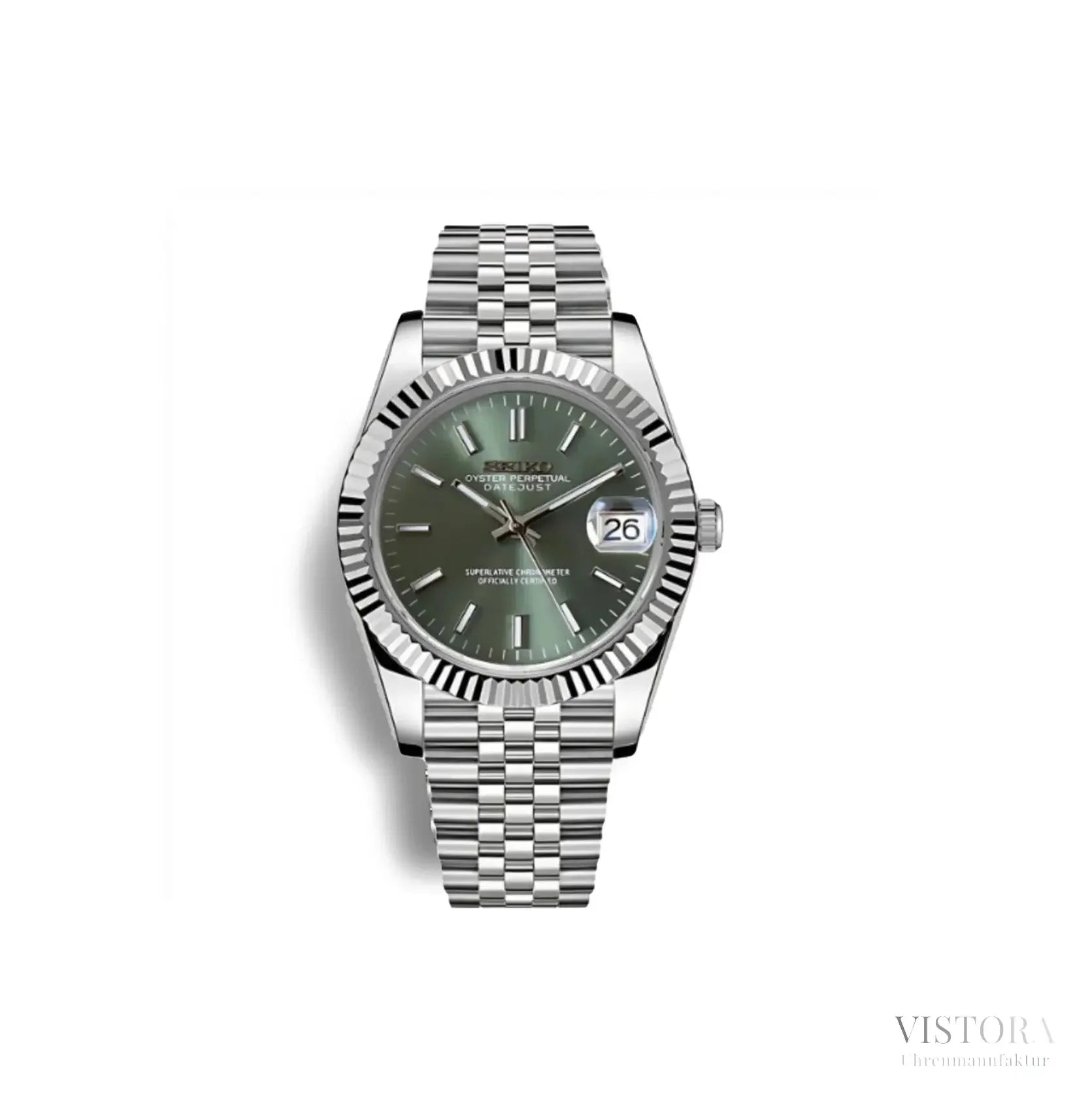 Seiko Datejust Mod – luxuriöse Automatikuhr inspiriert von ikonischem Design. Hochwertige Seiko-Mods mit Edelstahlgehäuse, Saphirglas und zuverlässigem Automatikwerk. Perfekt für Uhrenliebhaber, die Eleganz und Präzision schätzen. Handgefertigte Seiko Mods mit individuellem Zifferblatt und Jubilee-Armband – exklusiv bei Vistora.