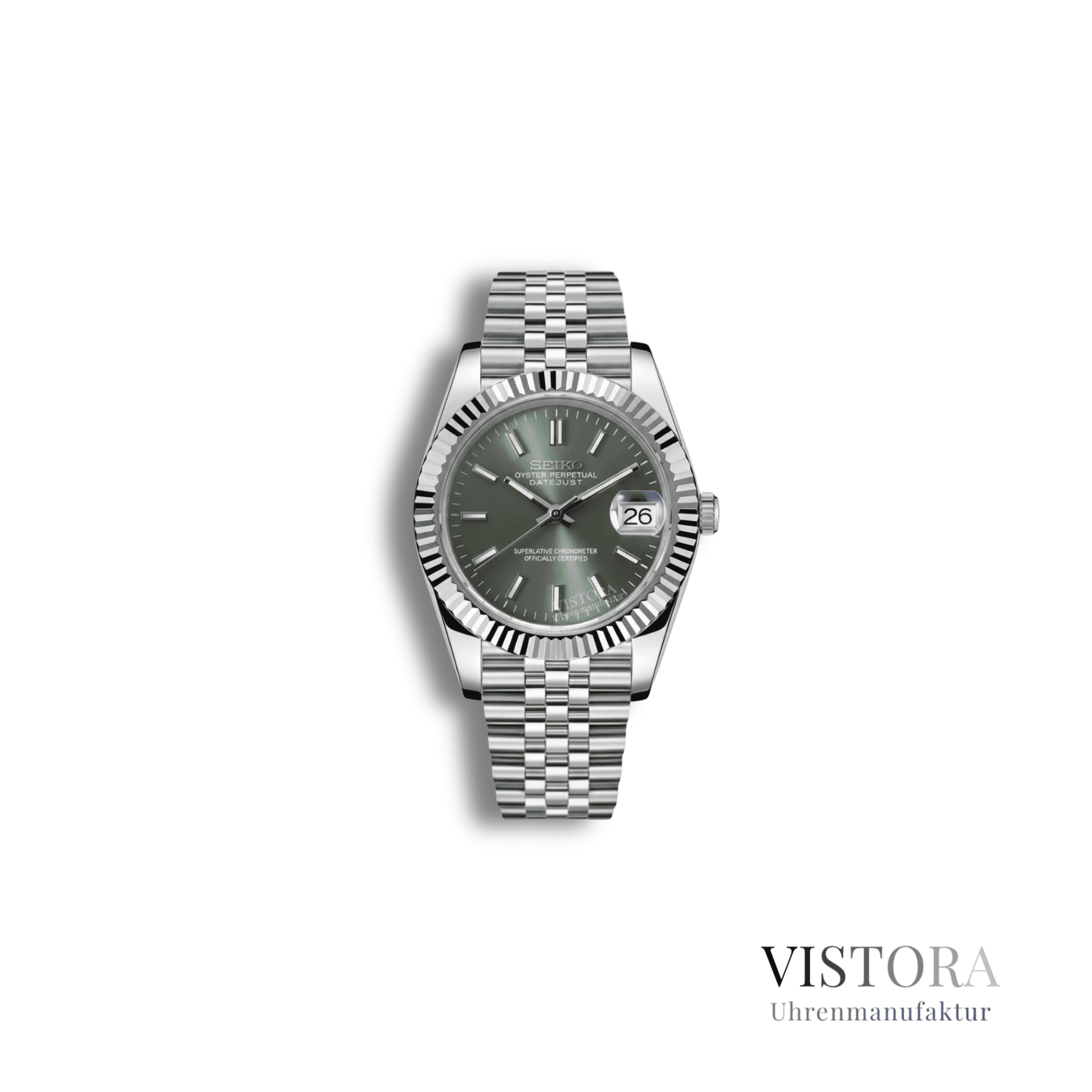 Seiko Mod Datejust in Olivgrün in der Frontalansicht.