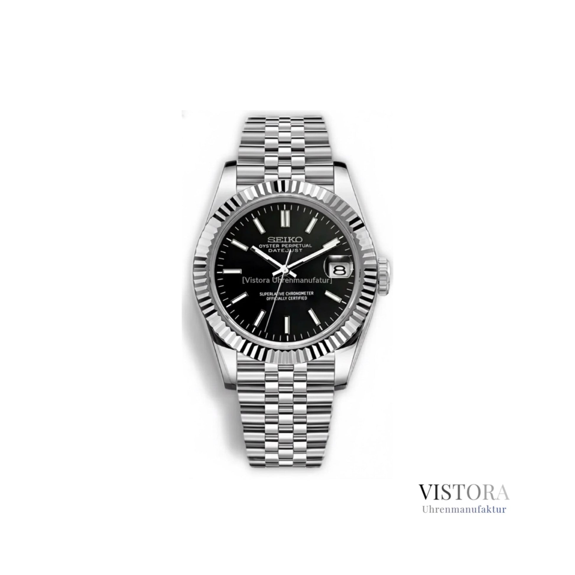 Seiko Mod Datejust -  Schwarz Strichindizes - Frontalansicht - Vistora Uhrenmanufaktur