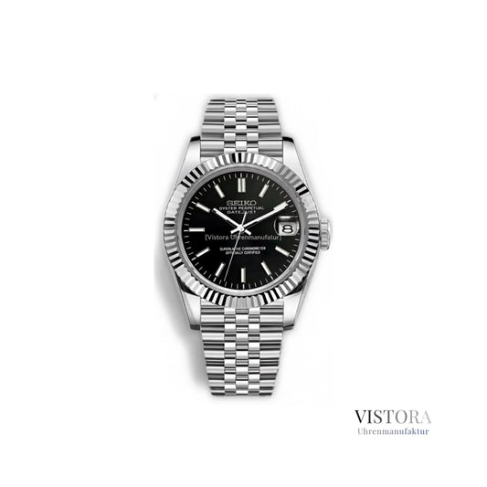 Seiko Mod Datejust -  Schwarz Strichindizes - Frontalansicht - Vistora Uhrenmanufaktur