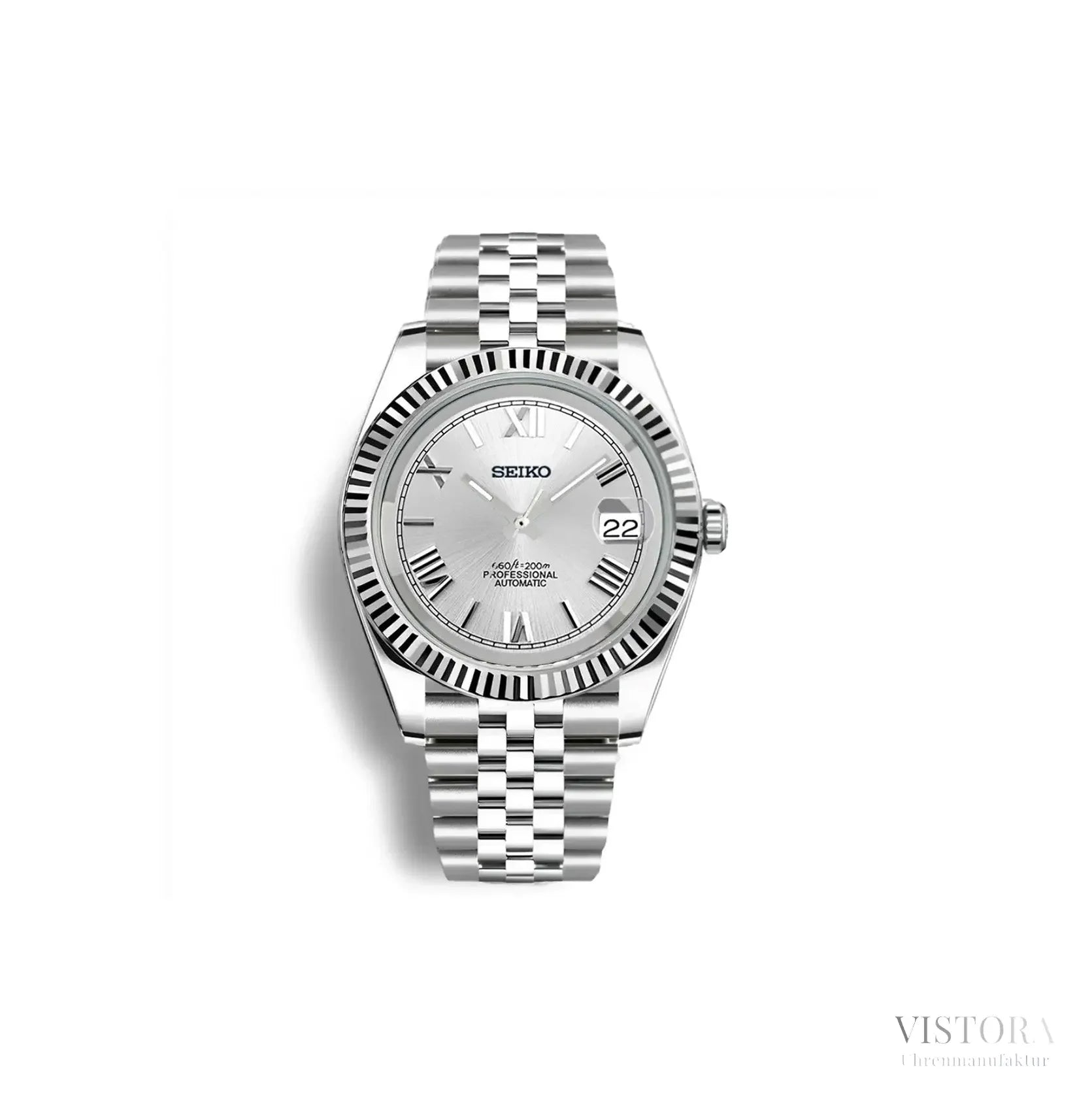 Seiko Mod Datejust mit silbernem Zifferblatt und Jubilé-Armband – hochwertige Hommage an klassische Luxusuhren. Exklusive Seiko-Mods mit Automatikwerk, individuell gefertigt mit Saphirglas und Edelstahl. Perfekte Alternative für Uhrenliebhaber, die Qualität und Stil suchen