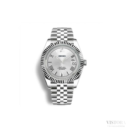 Seiko Mod Datejust mit silbernem Zifferblatt und Jubilé-Armband – hochwertige Hommage an klassische Luxusuhren. Exklusive Seiko-Mods mit Automatikwerk, individuell gefertigt mit Saphirglas und Edelstahl. Perfekte Alternative für Uhrenliebhaber, die Qualität und Stil suchen