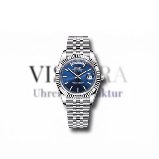 SeikoMod Day-Date mit blauem Zifferblatt, Strichindizes und Jubilee-Armband, Frontalansicht