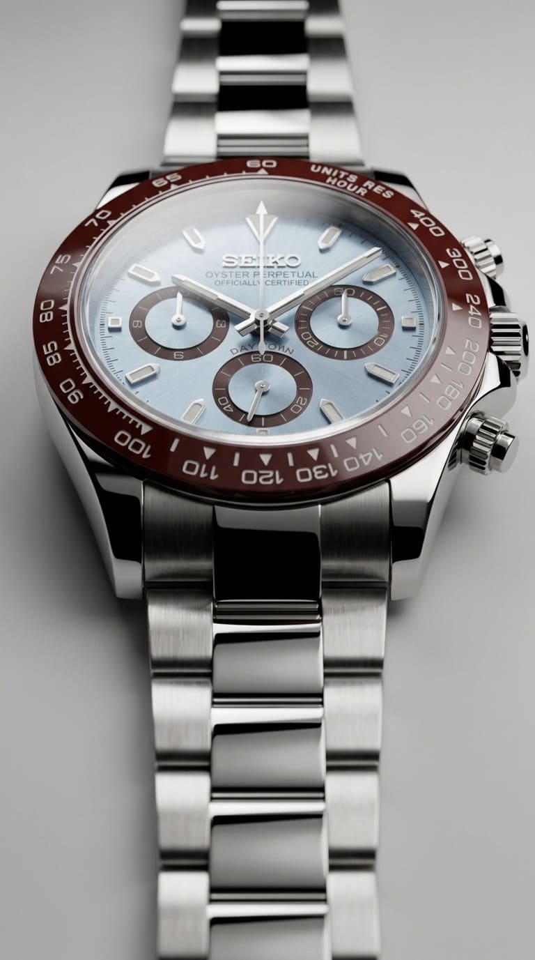 Detailansicht der Tachymeter-Lünette der SeikoMod Daytona Blue, Edelstahlgehäuse