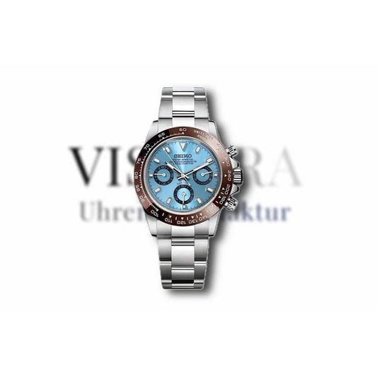 SeikoMod Daytona Eisblau 40mm mit poliertem Oyster-Armband, Frontalansicht