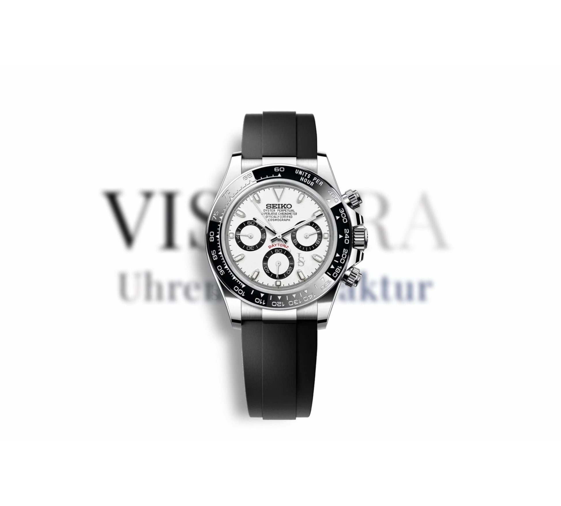 Hochwertige Seiko Mod im Daytona-Design mit weißem Zifferblatt, schwarzen Totalisatoren und schwarzem Oysterflex-Kautschukarmband, frontal freigestellt auf hellem Hintergrund