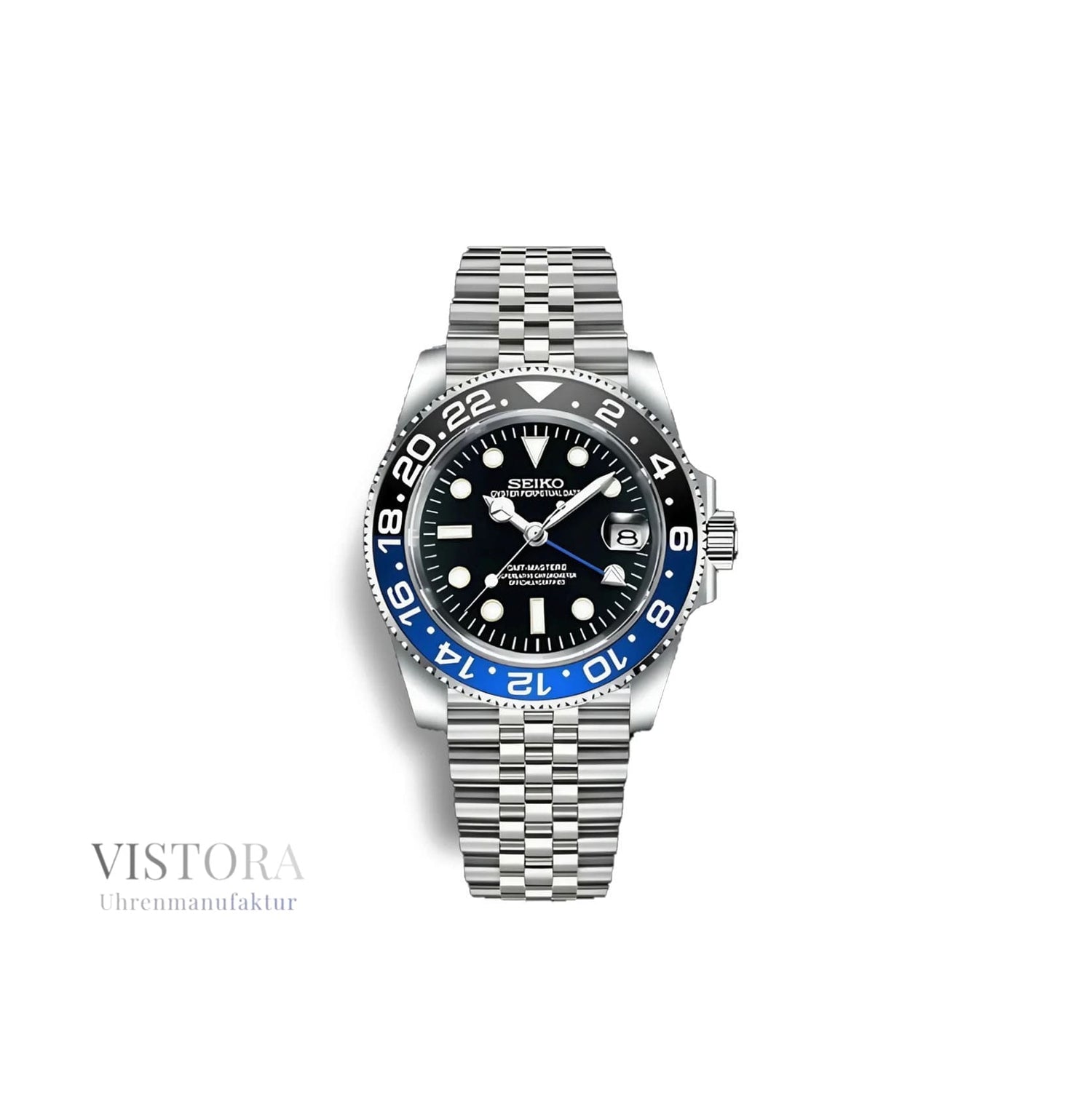 Die legendäre Schwarz-Blaue SeikoMod Batman mit GMT Funktion und Jubilee Armband.