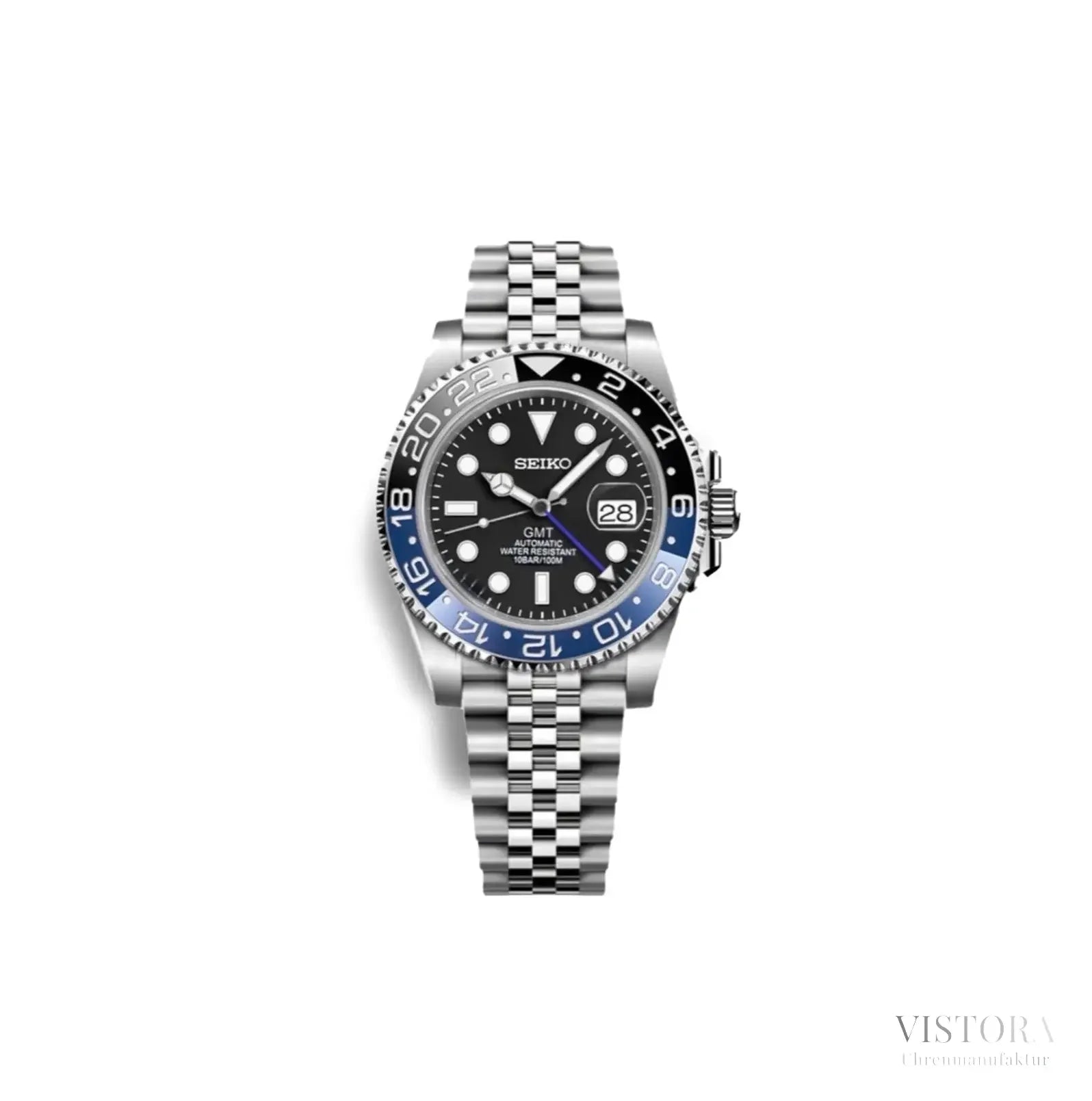 Seiko GMT Mod – luxuriöse Taucheruhr mit zweiter Zeitzone. Hochwertige Seiko-Modifikation mit robustem Edelstahlgehäuse, kratzfestem Saphirglas und präzisem Seiko NH34 Automatikwerk. Individuell angefertigte GMT-Uhren mit Keramiklünette, leuchtenden Indizes und erstklassiger Verarbeitung. Perfekt für Liebhaber exklusiver Seiko Mods und maßgefertigter Zeitmesser. Exklusiv bei Vistora erhältlich