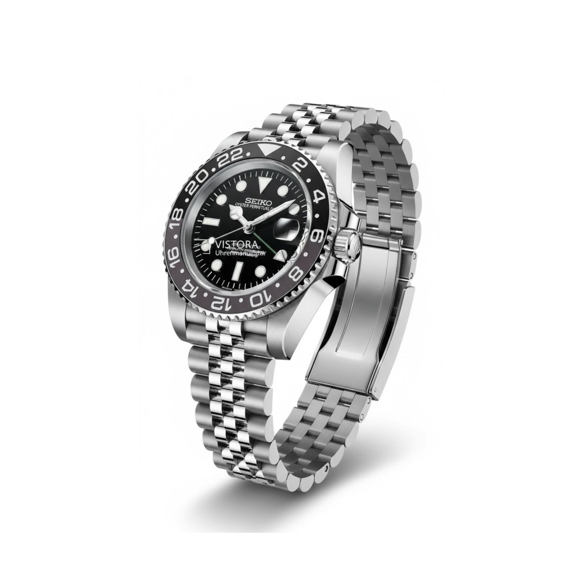 SeikoMod GMT in Schwarz mit poliertem Edelstahlgehäuse und Jubilee-Armband, handgefertigte Automatik-Uhr von Vistora – exklusive Seiko Mod für Uhrenliebhaber in Deutschland.