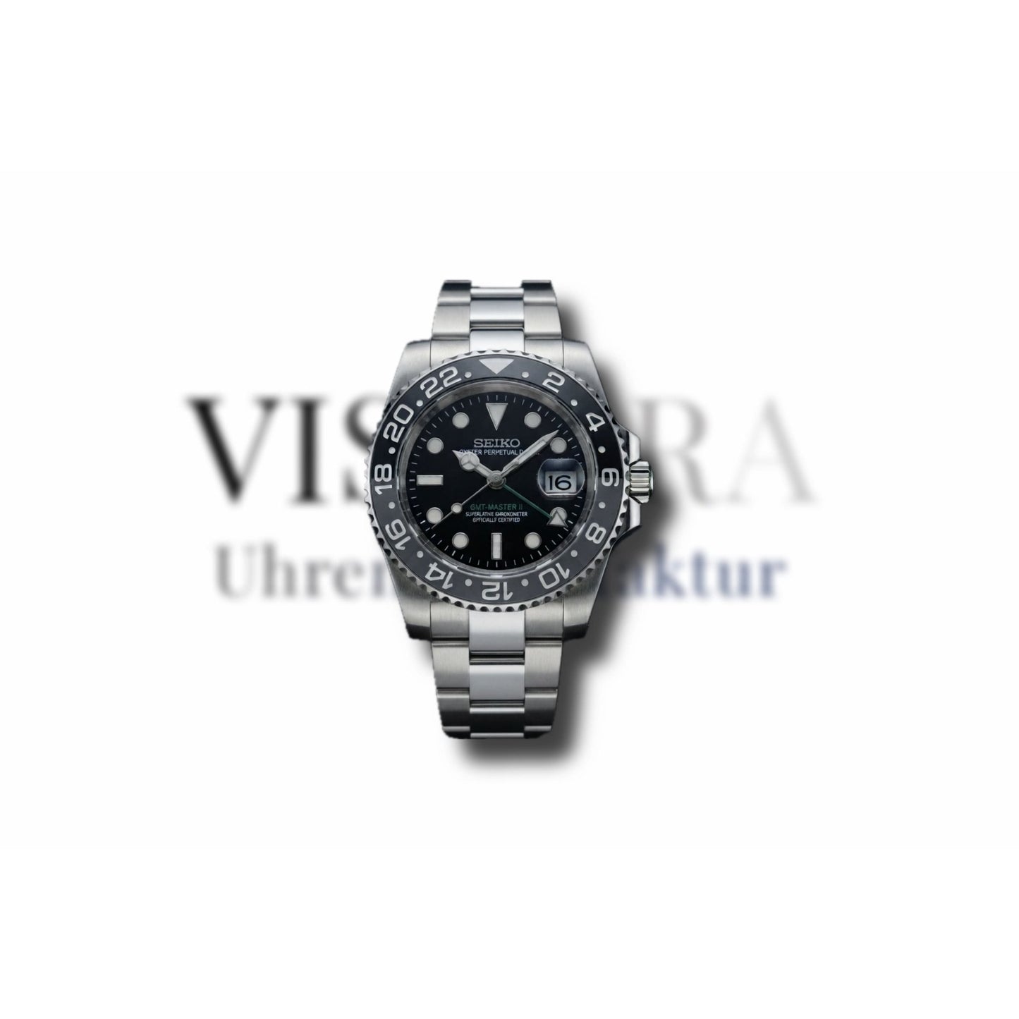 SeikoMod GMT Bruce Wayne 40mm mit gebürstetem Oyster-Armband, Frontalansicht