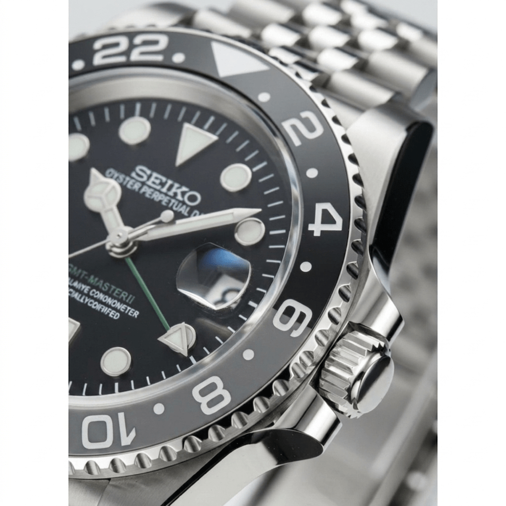 Detailaufnahme der SeikoMod GMT Bruce Wayne mit Schwarz-Grauer 24-Stunden-Lünette, Mercedes-Zeigern und Saphirglas, handgefertigt von der Vistora Uhrenmanufaktur in Deutschland.