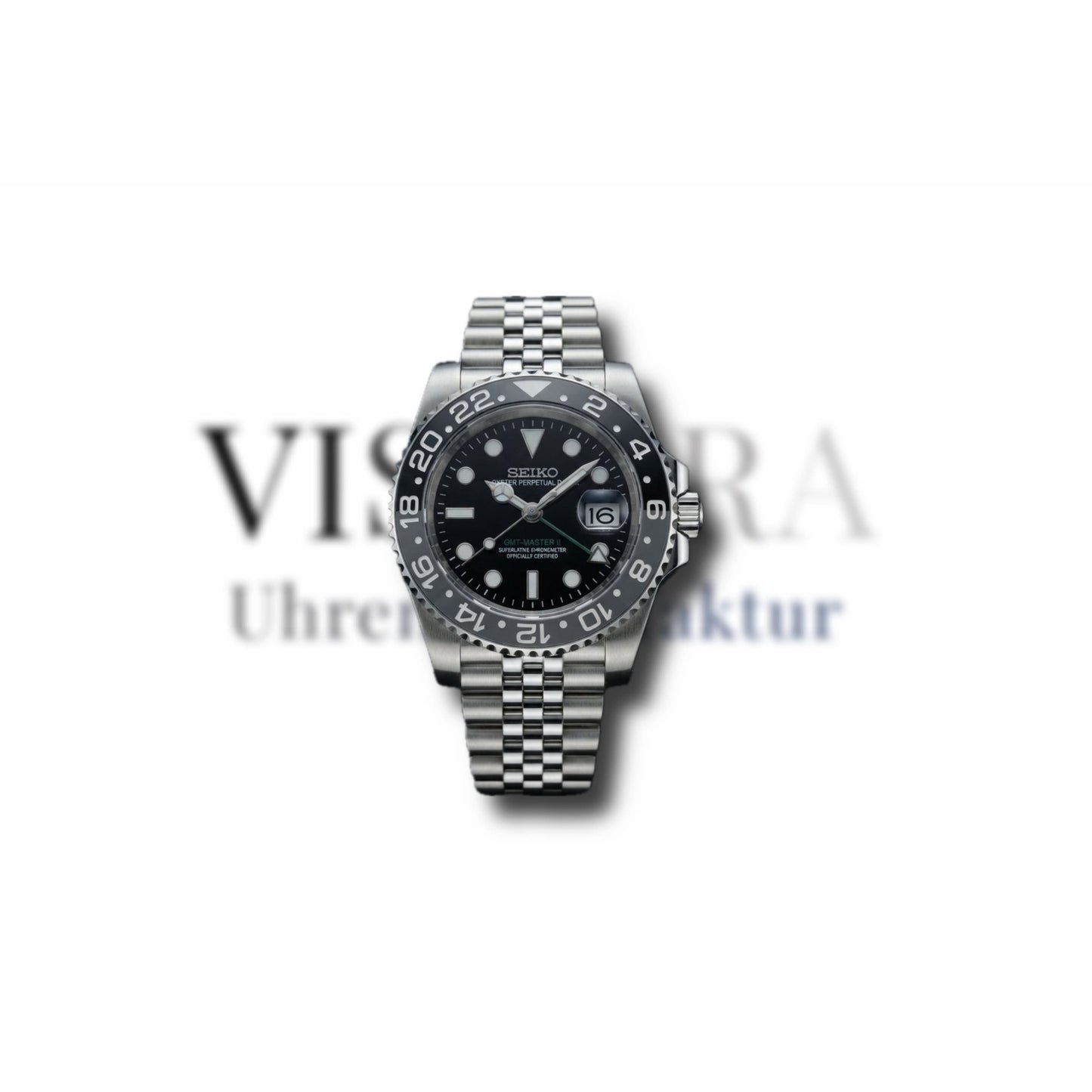 SeikoMod GMT Bruce Wayne 40mm mit Jubilee-Armband, Frontalansicht