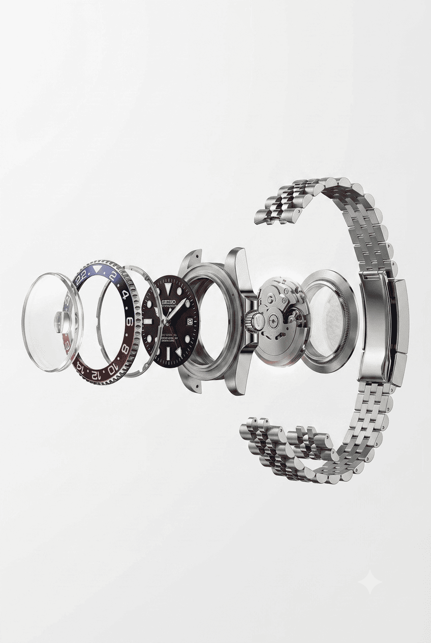 Explosionszeichnung der SeikoMod GMT Pepsi mit Gehäuse, Saphirglas, Zifferblatt, Zeigern, Seiko NH34 GMT- bzw. NH35 Automatikwerk und Edelstahlarmband.