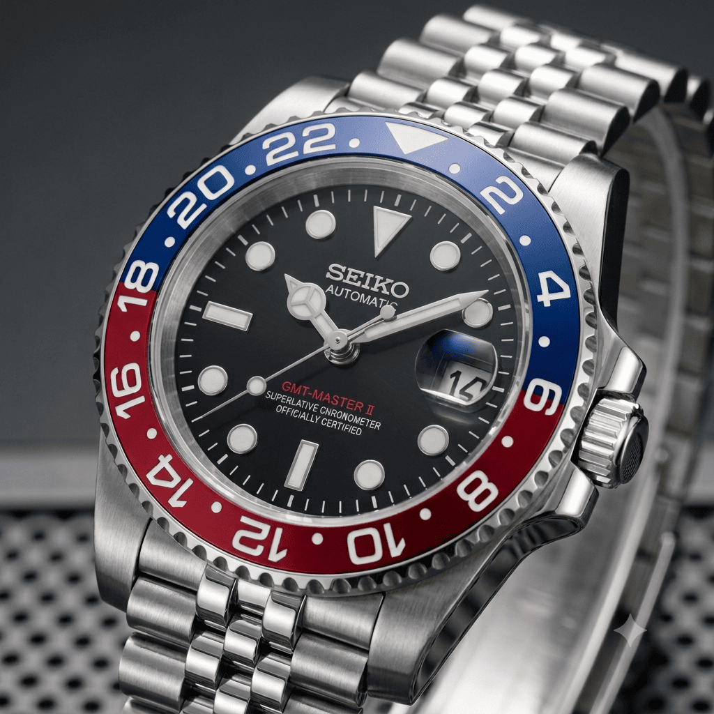 SeikoMod GMT Pepsi mit Jubilee-Armband, schwarzem Zifferblatt, Pepsi-Lünette und präzisem Seiko NH35 Automatikwerk.