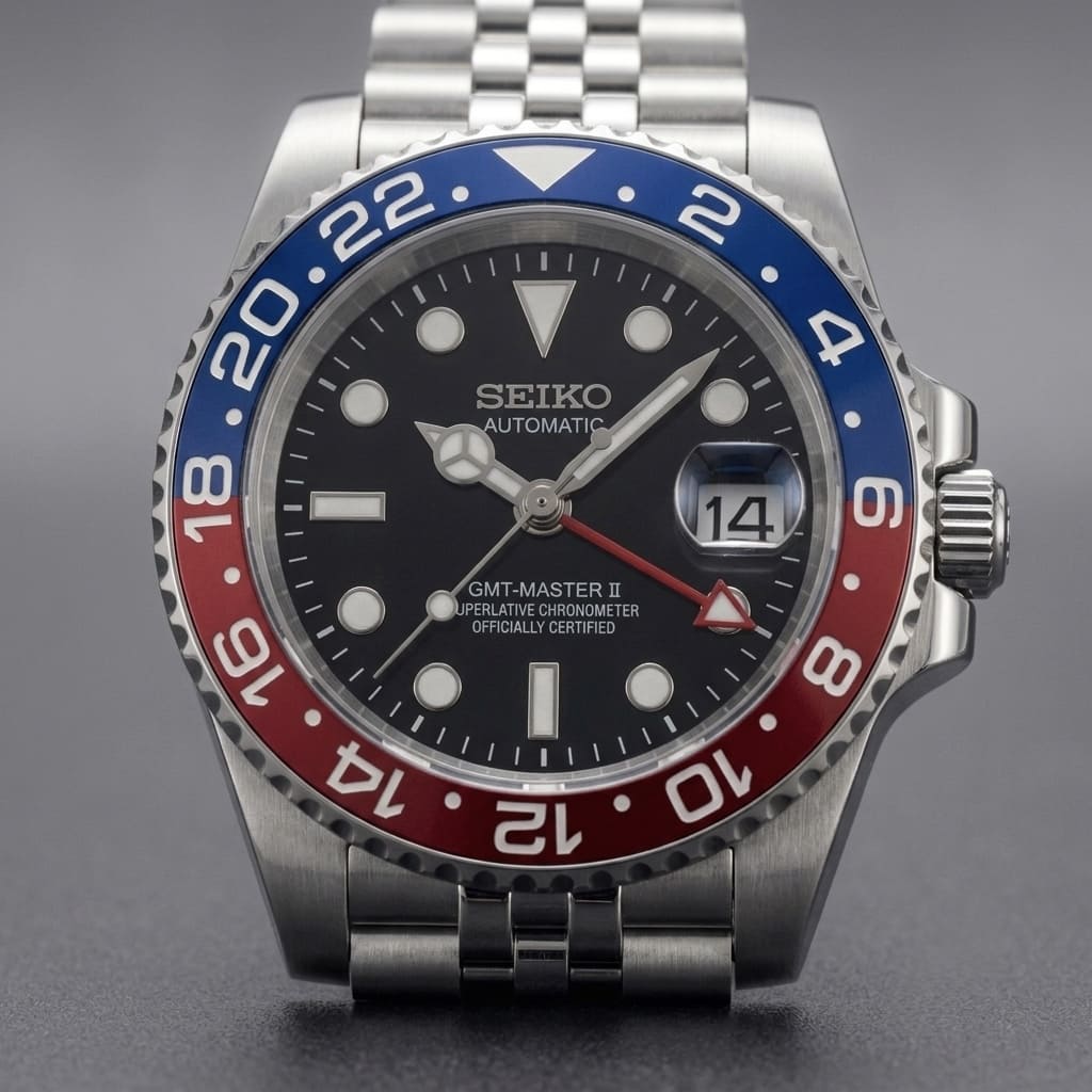 SeikoMod GMT Pepsi Zifferblatt in Frontalansicht mit blau-roter GMT-Lünette und Datumsanzeige