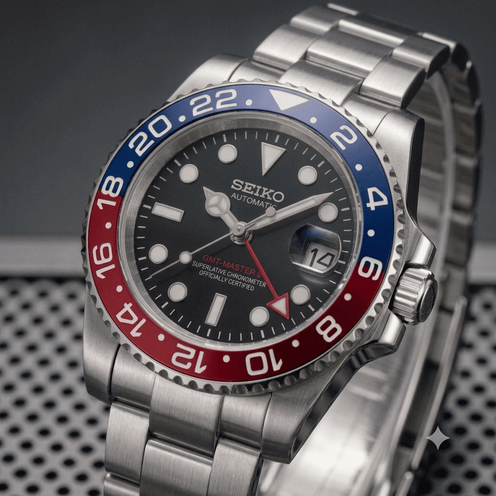 SeikoMod GMT Pepsi mit Seiko NH34 GMT-Automatikwerk, gebürstetem Oysterband rotem GMT-Zeiger, schwarzem Zifferblatt und rot-blauer 24-Stunden-Lünette.