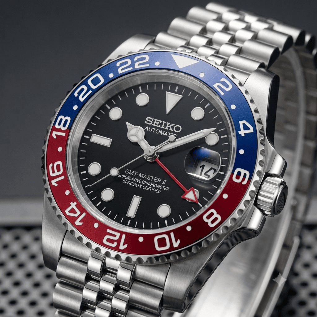 SeikoMod GMT Pepsi mit Seiko NH34 GMT-Automatikwerk, rotem GMT-Zeiger, schwarzem Zifferblatt und rot-blauer 24-Stunden-Lünette.