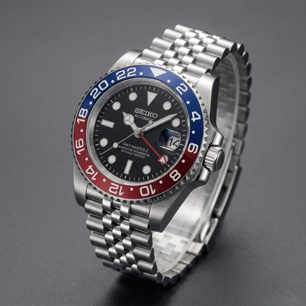 SeikoMod GMT Pepsi in Dreiviertelansicht mit Edelstahlgehäuse und Jubilee-Armband