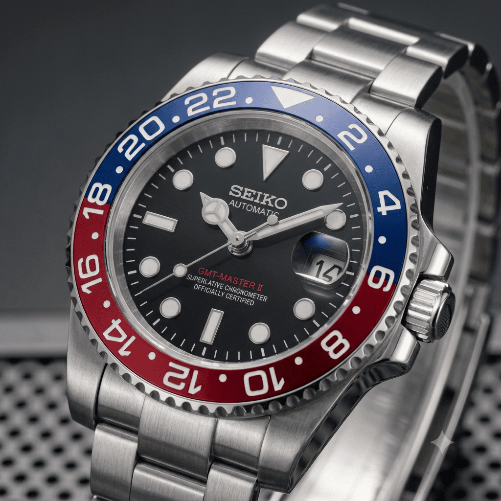 Nahaufnahme der SeikoMod GMT Pepsi mit gebürstetem Oyster-Armband, schwarzem Zifferblatt, rot-blauer GMT-Lünette und zuverlässigem Seiko NH35 Automatikwerk.