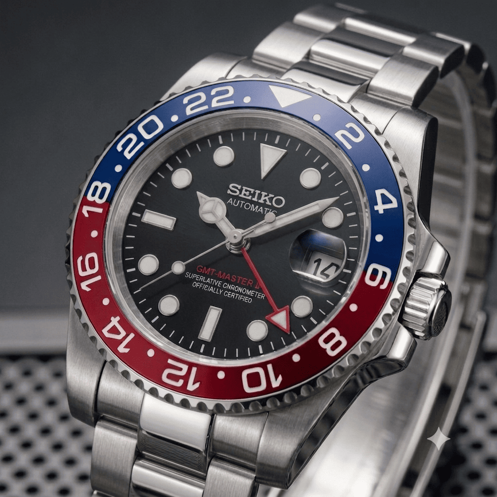 Nahaufnahme der SeikoMod GMT Pepsi mit poliertem Oyster-Armband, schwarzem Zifferblatt, rot-blauer GMT-Lünette und zuverlässigem Seiko NH34 Automatikwerk.