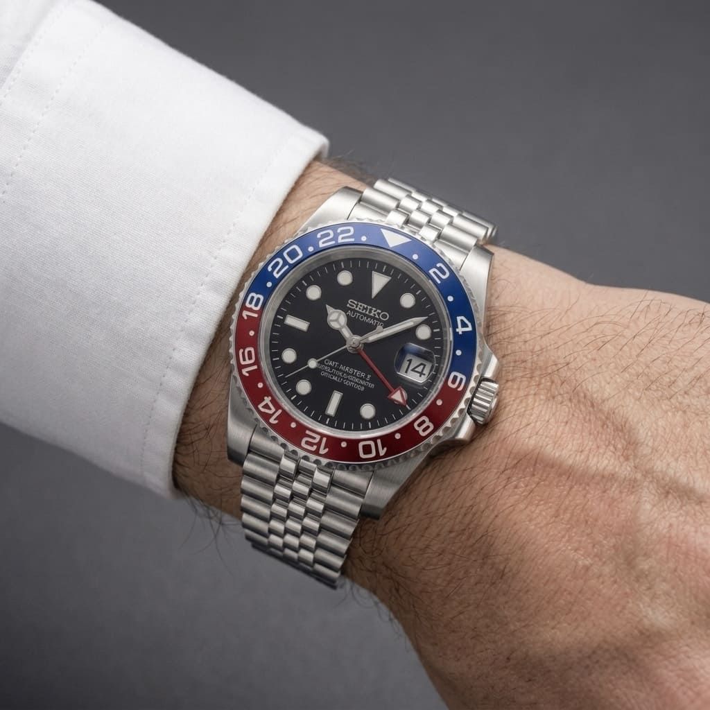 SeikoMod GMT Pepsi am Handgelenk getragen mit weißem Hemd – blau-rote Lünette und jubilee armband 