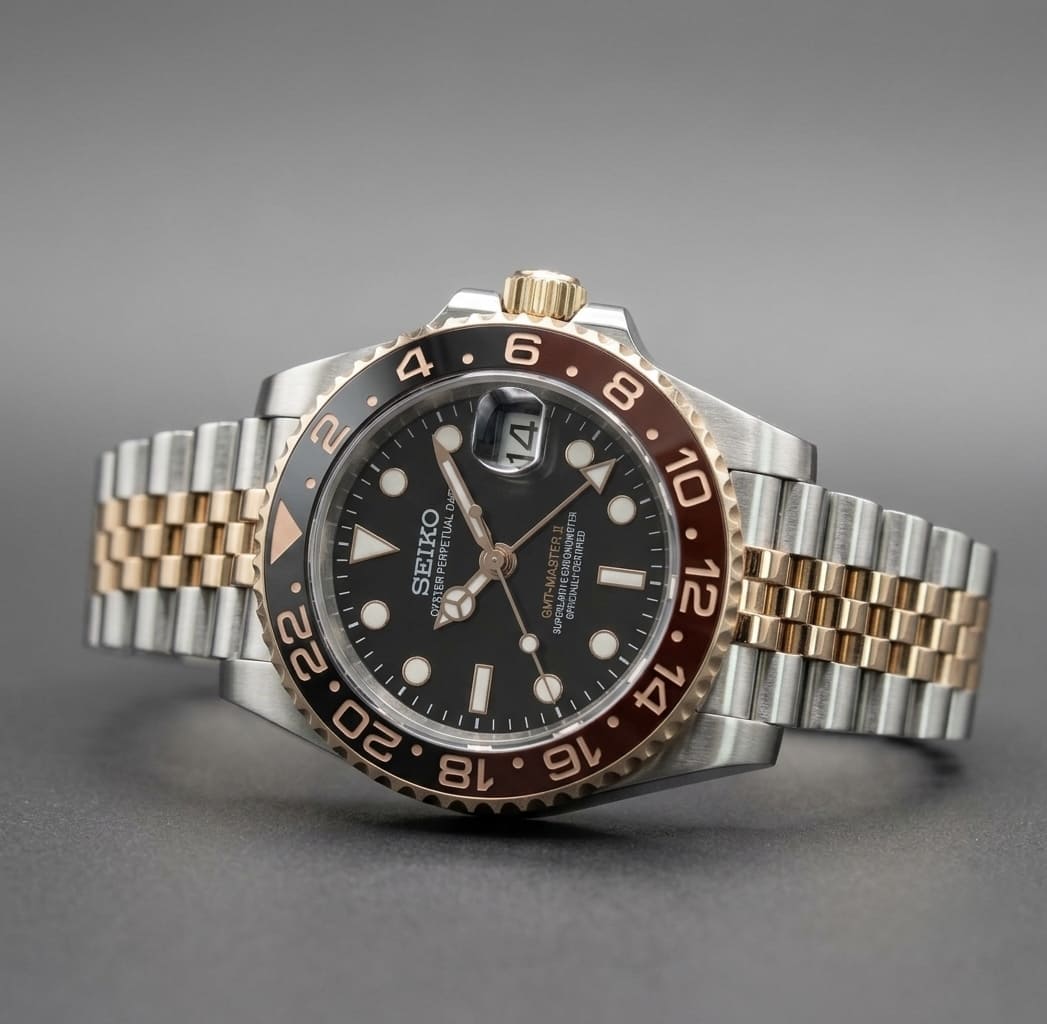 SeikoMod GMT Root Beer in Dreiviertelansicht mit Bicolor-Gehäuse aus Edelstahl und Roségold